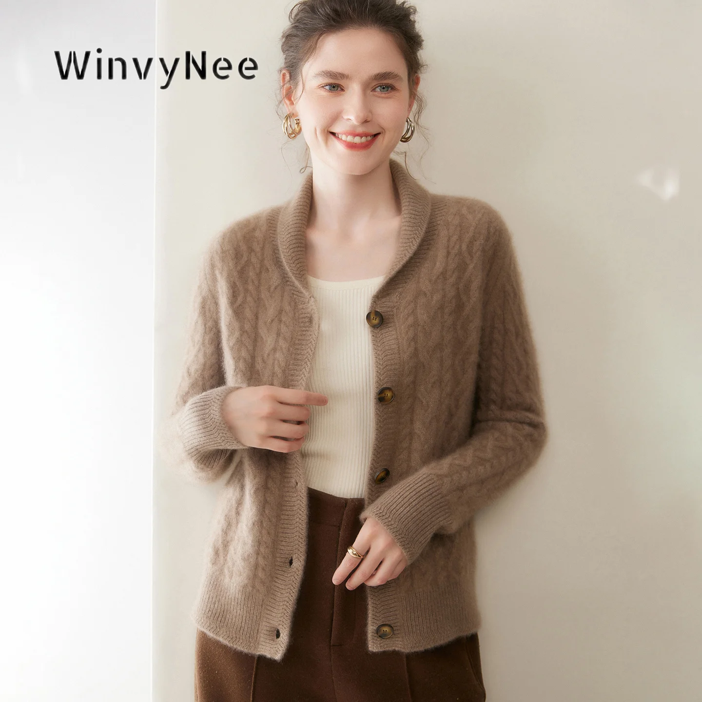 WinvyNee Women Cashmere Knit Jacket Lapel Collar Textured Top Relaxed Fit Luxury Basic Autumn Winter Outer Wear Garment B1054090