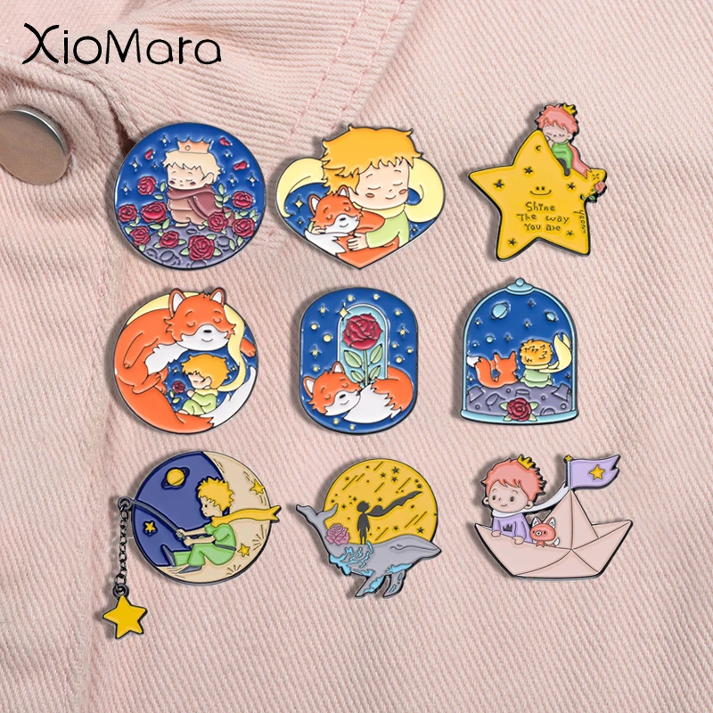 Cartoon Prince Fox Enamel Pin Classics Fairy Moon Star Paper Boat Aircraft Brooches Lapel Badges Jewelry Gifts for Kids Friends