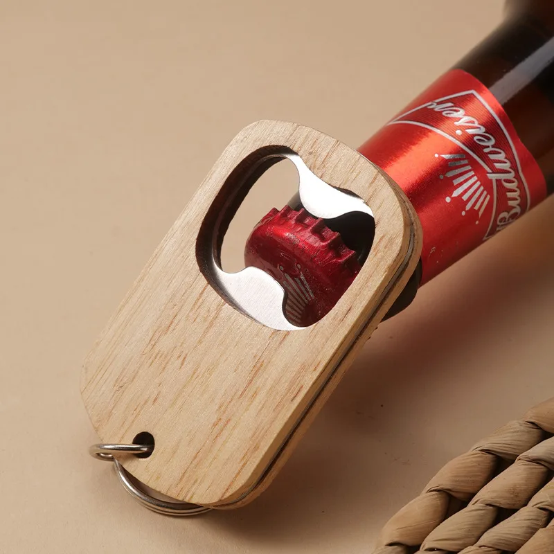 Natural Wooden Beer Bottle Opener Keychain Engravable Blank Wood Bottle Opener Custom Logo Promotional Gift