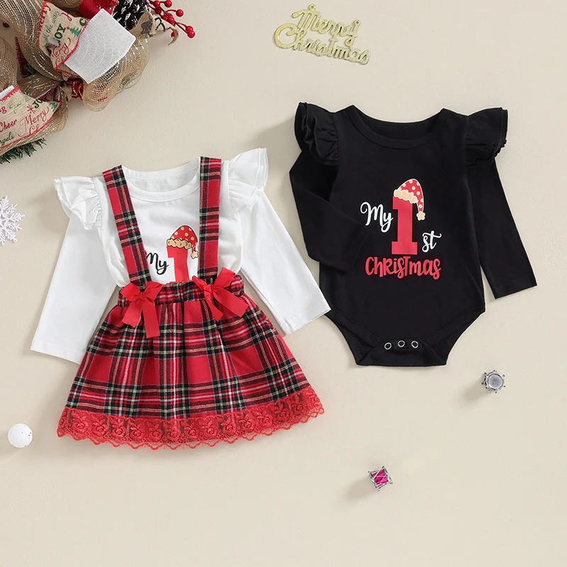 

2023-08-30 Lioraitiin 0-18M Newborn Baby Girl Christmas Outfit Ruffled Long Sleeve Romper Embroidery Plaid Suspender Skirt Set