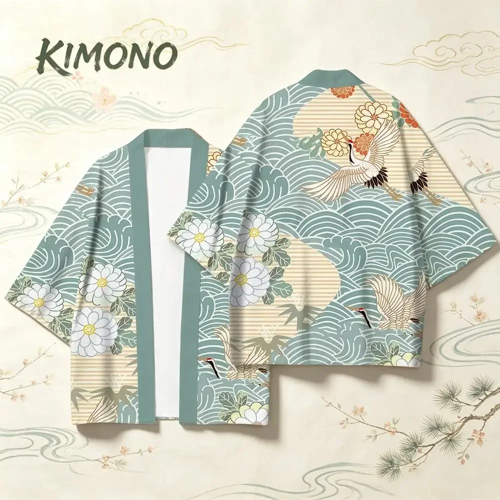 Traditional Crane Wave Print Kimono Floral Pattern Vintage Japanese Style Clothes Men Women Loose Comfortable Casual Cardigan