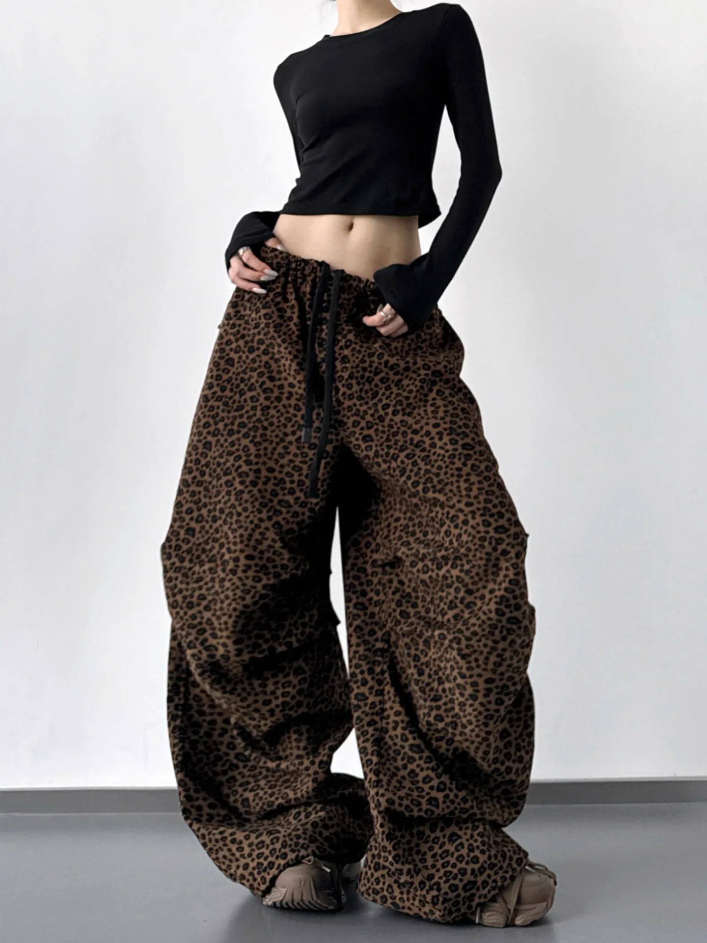 Leopard Print Fleece Wide Leg Pants For Women Autumn Winter American Casual Fashion Retro Pleated Thicken Trousers