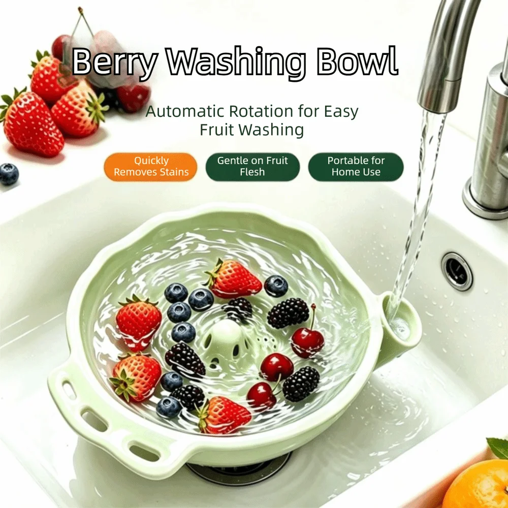 Large Capacity Berry Washing Bowl Drainage Holes 360 Degree Rotating Self-Spinning Berry Bowl with Fruit Forks Easy Clean