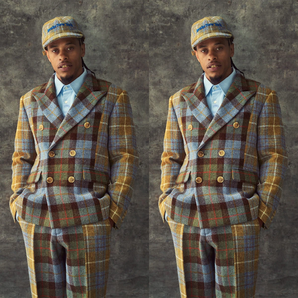 Classic Brown Plaid Tweed Double-Breasted Suit with Matching Cap and Flap Pockets Men Autumn Vintage Tuxedo Customized M232602