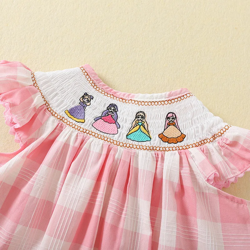 Plaid Fashion Princess Dress For Baby Girls Kids Boutique Clothing Pink Handmade Embroidery Dresses Children Flying Sleeve Frock