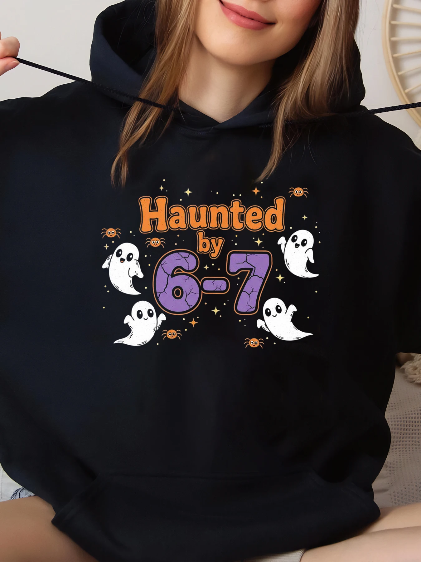 Haunted by 6-7 Fantasmi Stampa Felpa con cappuccio di Halloween per donna Abbigliamento casual Nero Taglia grande Taglia grande