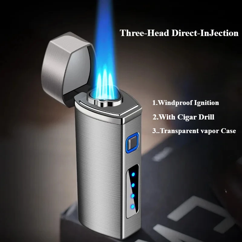 Three-head Direct-injection Blue Flame Cigar Lighter Gas-electricity Electricity Display All-in-one Electronic Induction Lighter