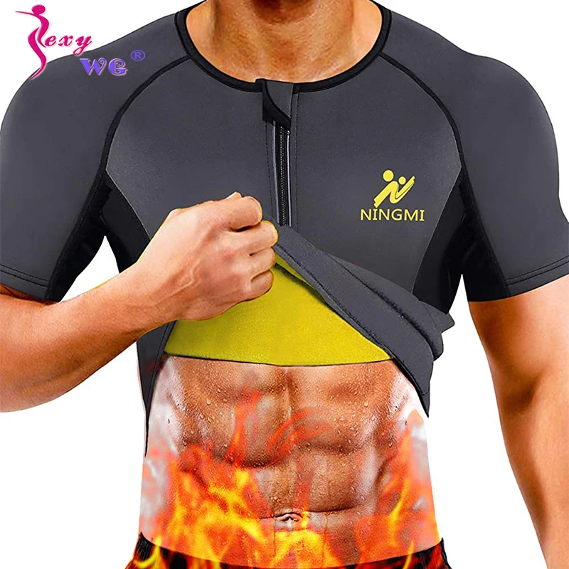 SEXYWG Men Neoprene Sauna Suit Weight Loss Shapewear Sports Top Gym Shirt Body Shaper Slimming Waist Trainer Jacket Short Sleeve