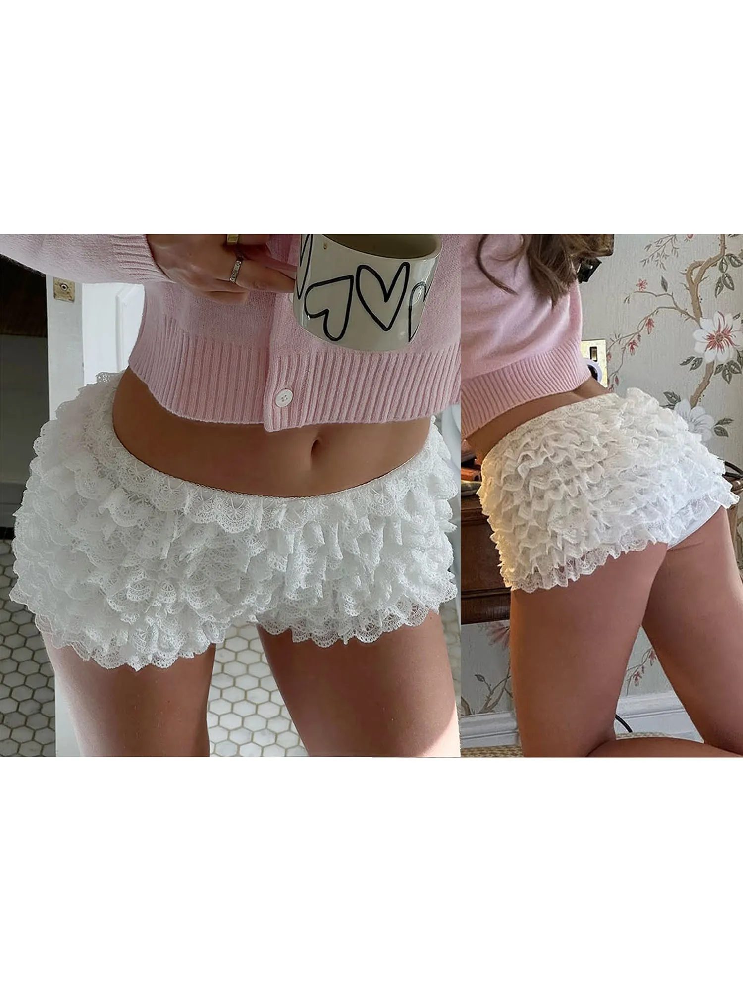 Damen-Spitzenshorts mit mehrlagigem Rüschendetail und niedrigem elastischem Bund für einen modischen Sommer-Look