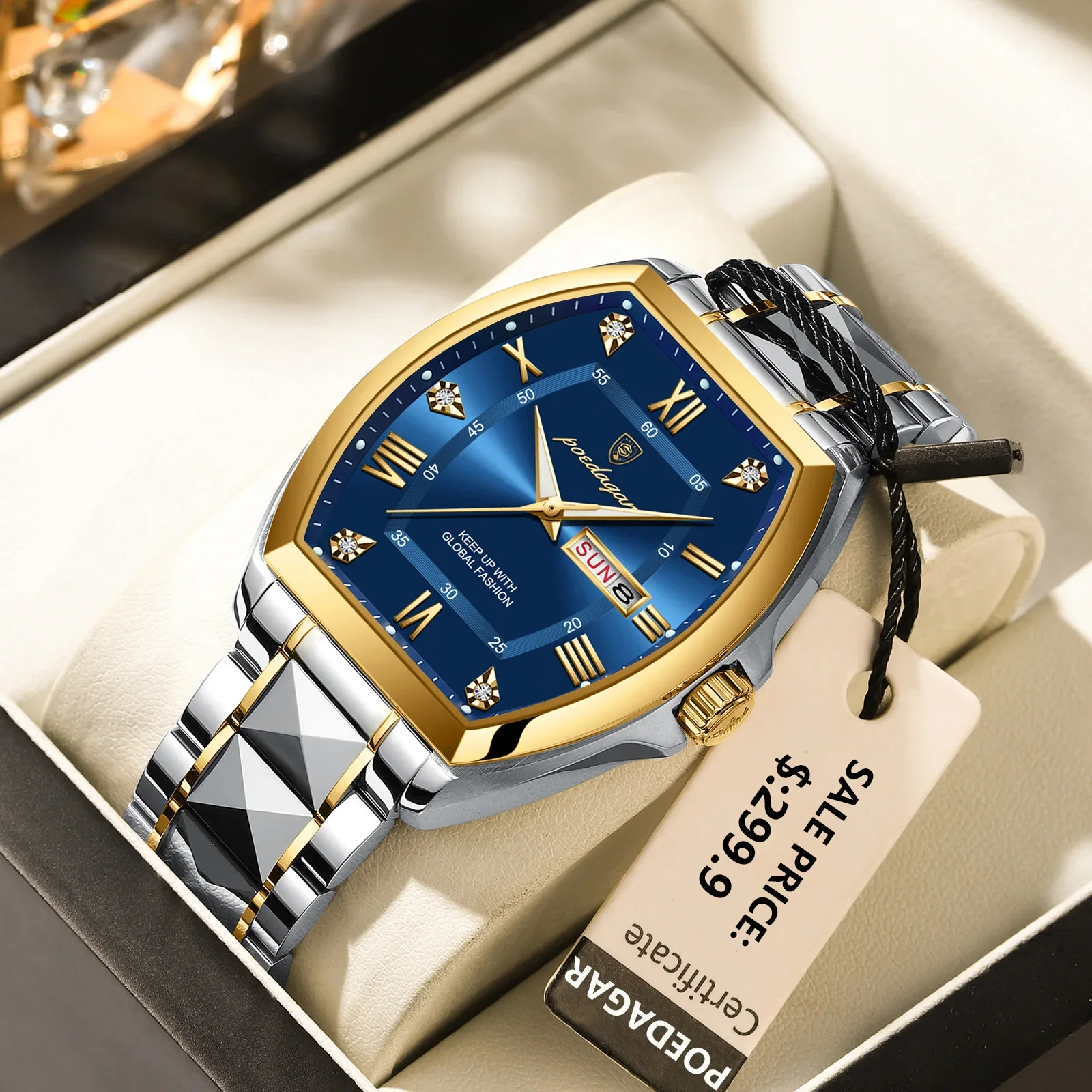 Men\'s Watch Tonneau Case Stainless Steel Watch Quartz Wristwatch Date Week Luminous Waterproof Man Clock Jam Tanggan Lelaki