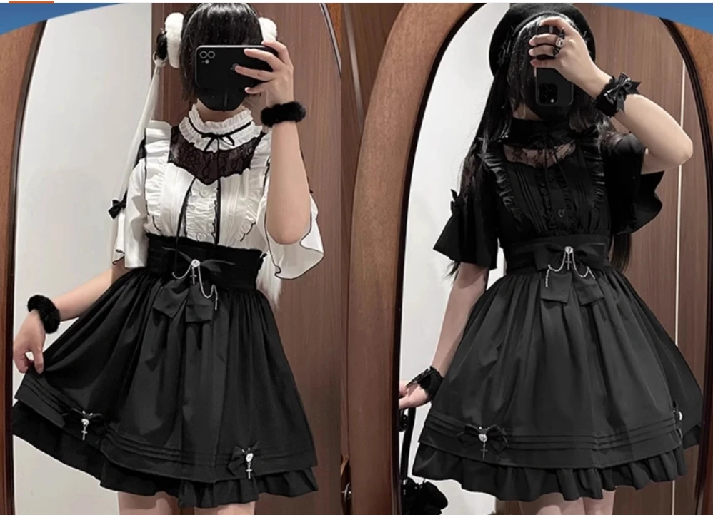 Mine Gothic Style Damen süße Spitze Kurzarm besticktes Hemd Top hohe Taille eine Linie Rock zweiteilige süße Outfits