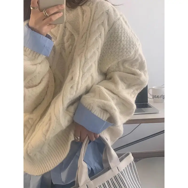 Lockerer Strickpullover für Damen, Rundhalsausschnitt, lange Ärmel, weiche Twist-Strickwaren, Retro-Mädchen-Top, Pullover, Adrette, Herbst und Winter