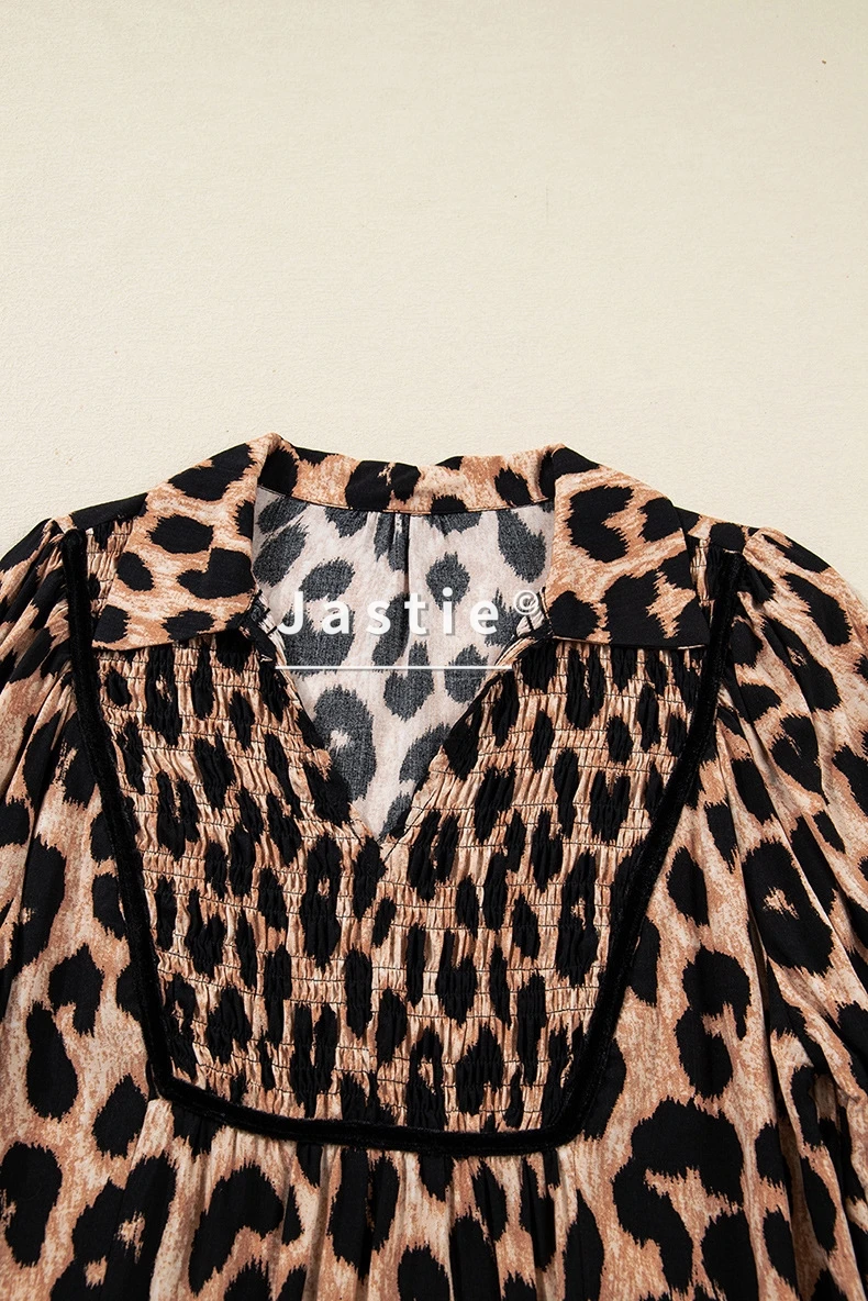 Vintage Leopard Print Midi Dress For Women Long Sleeve V-Neck Smocked Waist Flowy Loose-Fit Boho Casual Beach Party Dress