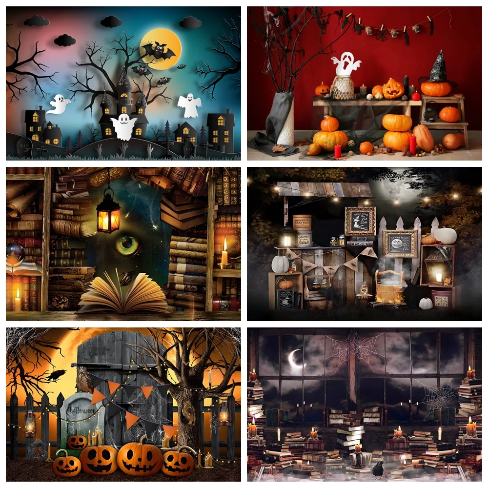 Halloween Photography Backdrop Horror Moon Night Ghost Bat Pumpkin Magic Witch Portrait Photographic Background Photobooth Props