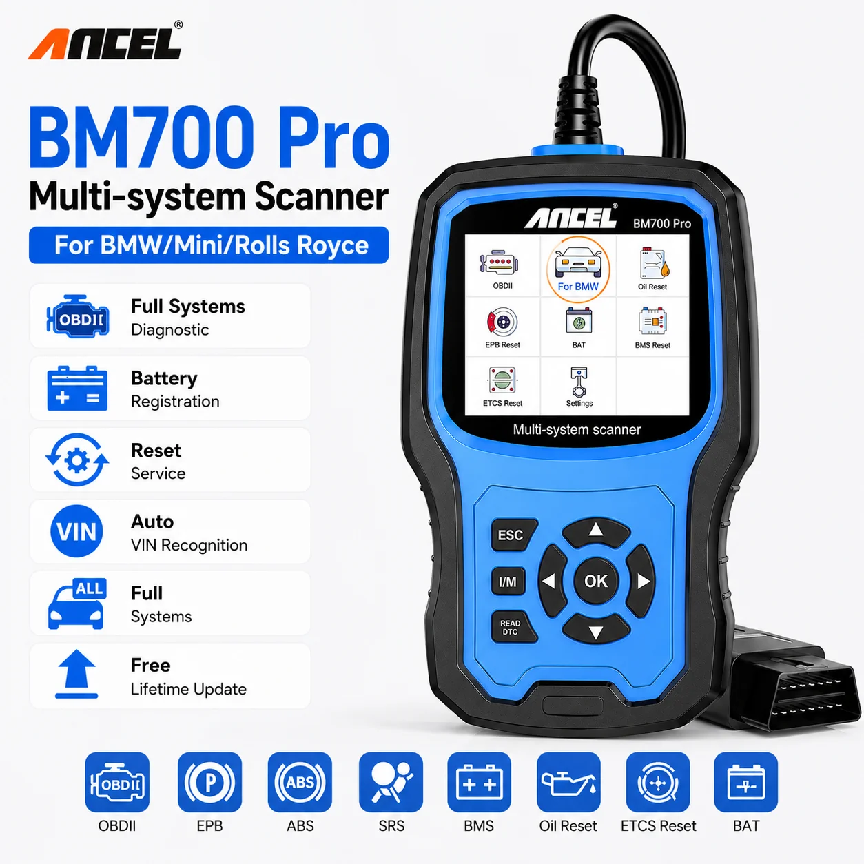 Code Reader for BMW MINI All System ABS EPB SAS Airbag Oil CAS Reset Engine OBD2 Scanner ANCEL BM700 Pro Car Diagnostic Tool