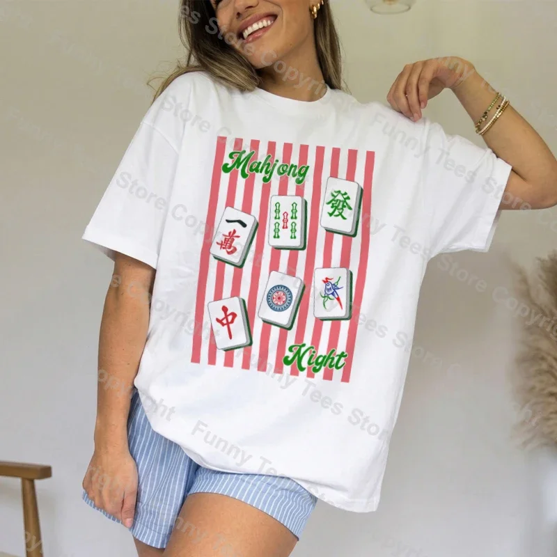 Retro Mahjong Night Graphic Tees Mahjong Tile T-Shirt Cute Game Night Tshirt Women Trendy Loose Cotton Mahjong Lover Tops Gift