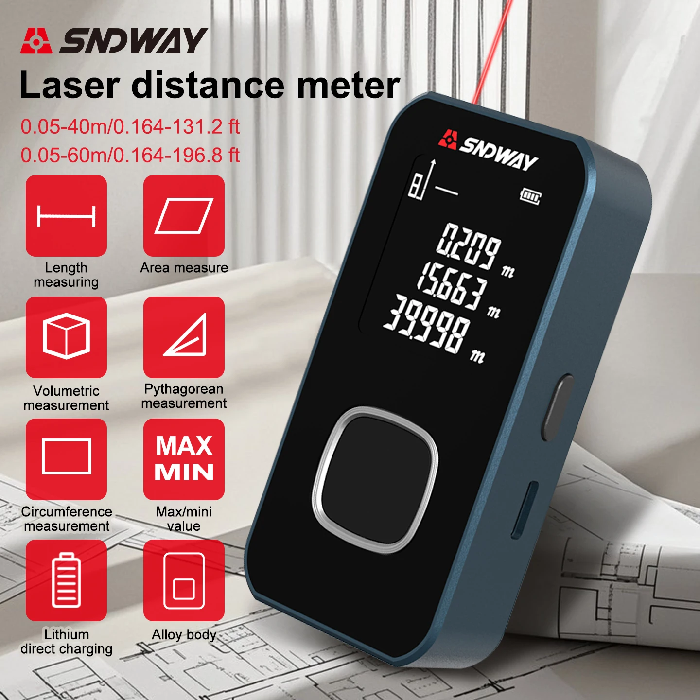 SNDWAY Laser Distance Meter 40M/60M ±2mm Accuracy USB-C Rechargeable Portable Handheld Laser Rangefinder Measure Tool