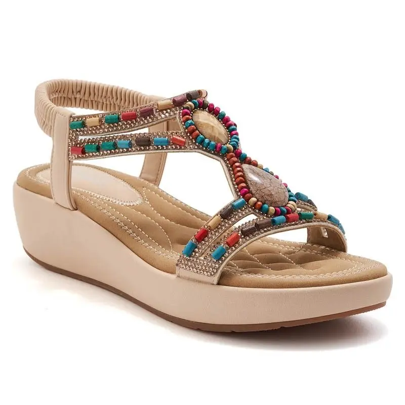 Ethnic Style Bohemian Retro Beaded Elastic Band Rhinestone Heel Sandals For Women's Thick Sole Casual And Comfortable New view 6
