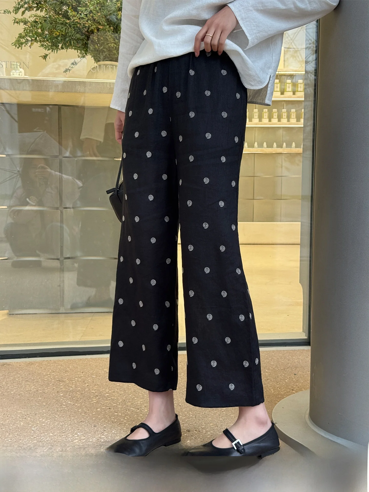 

Summer New Women's Casual Pants Spiral Print Linen Straight Leg Nine Points Loose Fit Trousers Comfortable Natural Waist