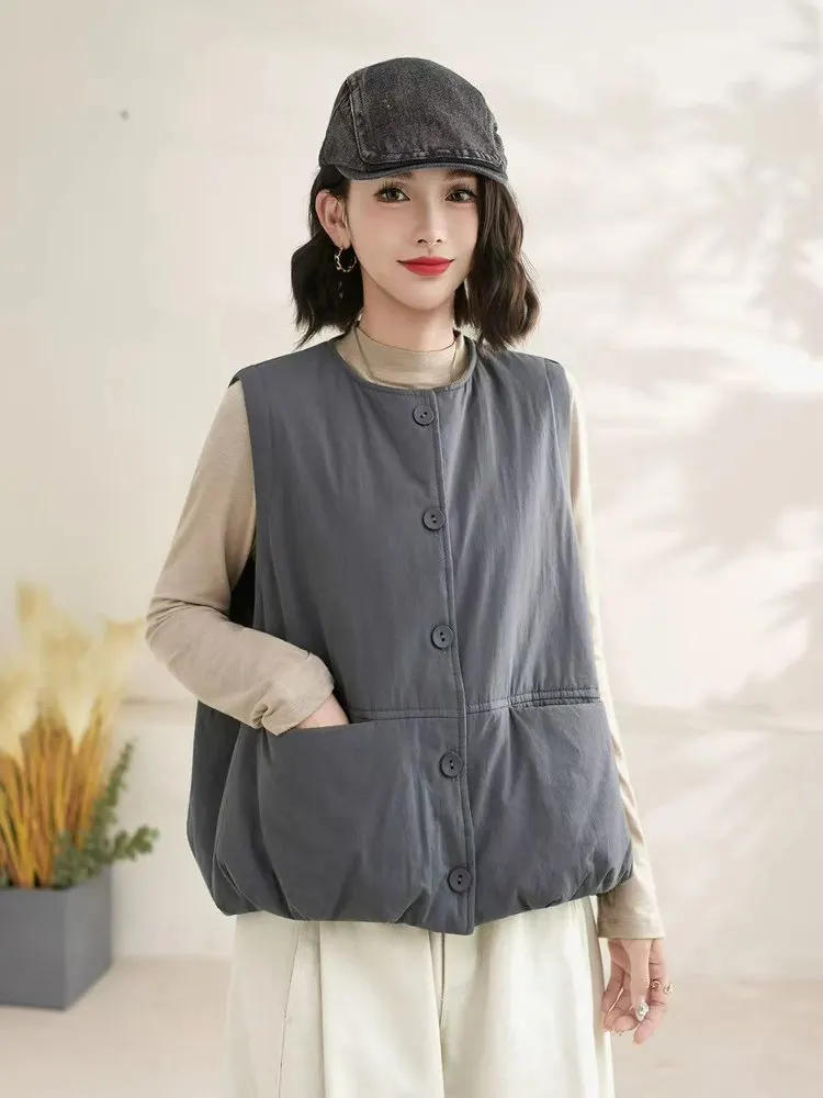 Winter New round Ne Svel Cotton Filled Warm Vest Women's Open Cardigan Top Thiened Commute Sle Pure Color