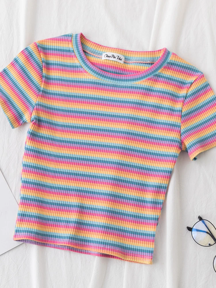 New T Shirt Women Rainbow Striped Tops Slim Fit t shirt Harajuku Tshirt Summer Short Sleeve Korean T-shirt feminina Clothes Tops