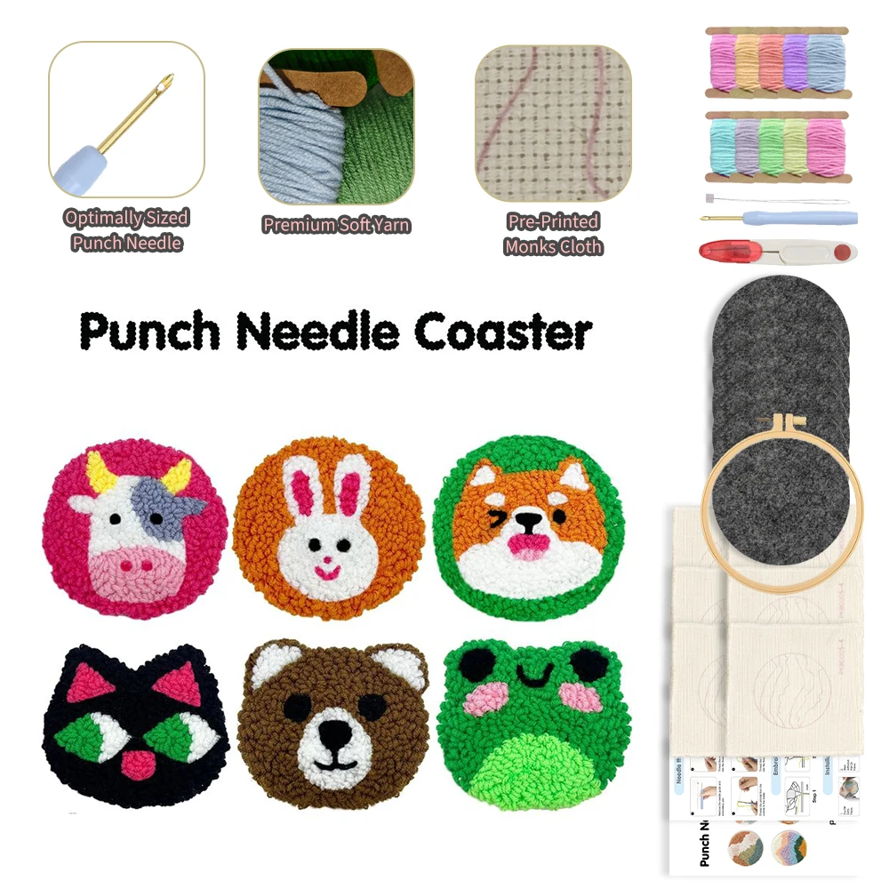 

Creative 6pcs DIY Punch Needle Embroidery Tablemat Kit Coaster Painting Cross Stitch Set Sewing Art Craft Home Decoration