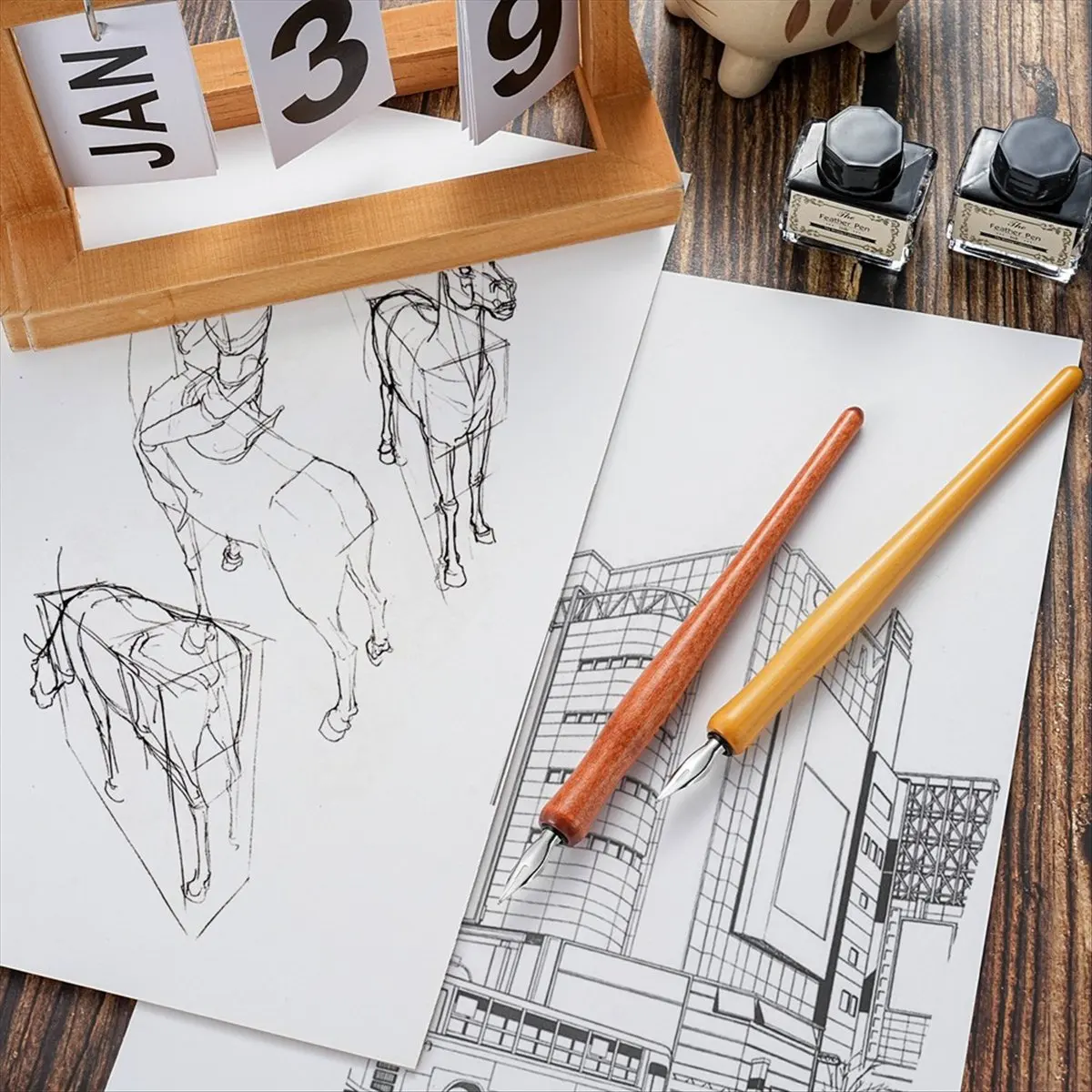 A75K 14 Pcs Dip Pen Nibs Holders,Wooden Drawing Pen Holder with Stainless Steel Nib for Writing Painting Signing Present
