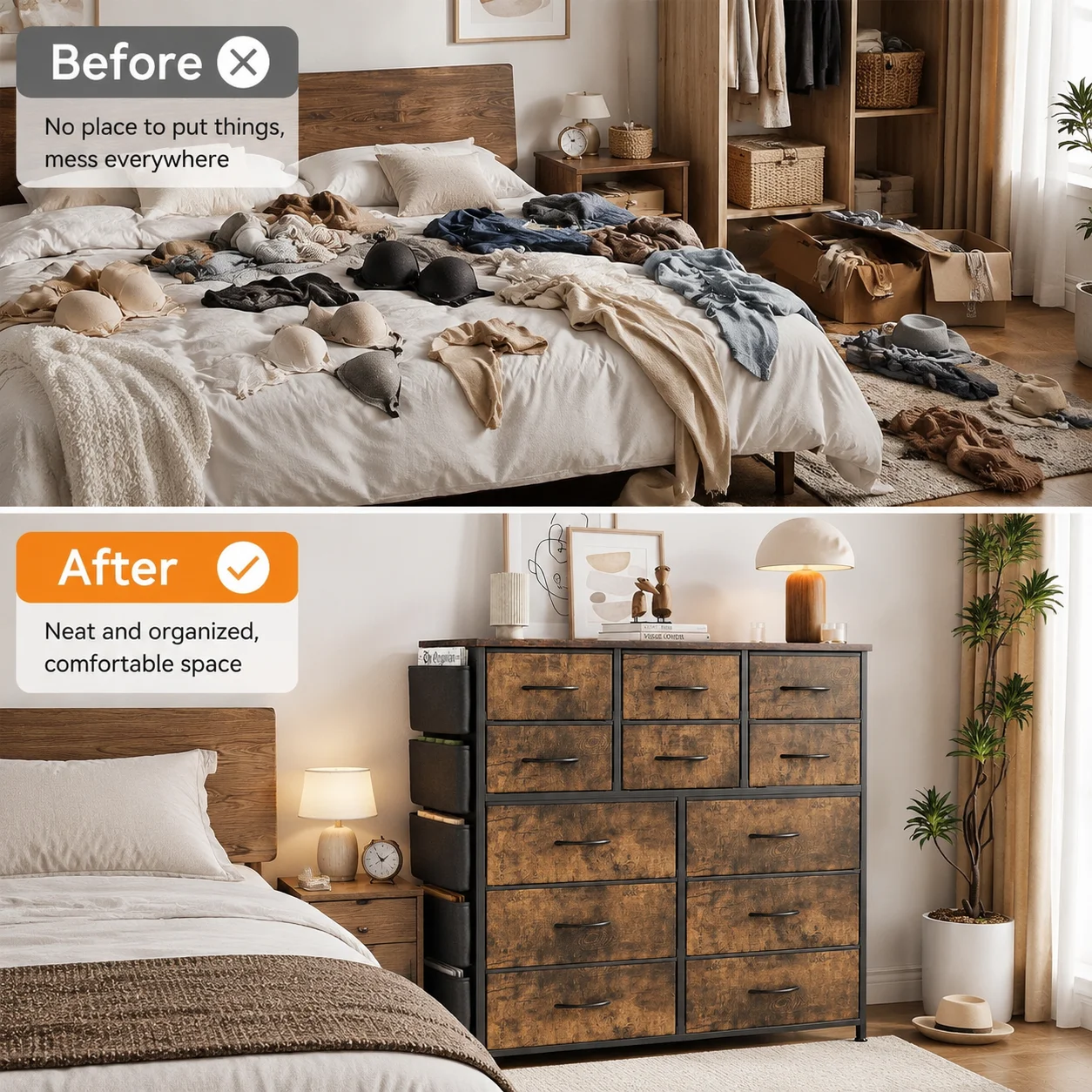 12 Drawer Fabric Dresser with Wood Top, Storage Chest Cabinet with Steel Frame and Side Pockets for Bedroom Home Organization image 2