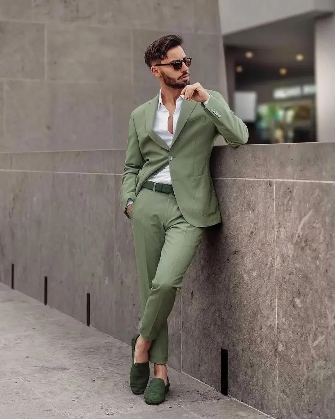 

2024 Summer Green Green High Street Men Suit Casual Notch Lapel Slim Fit Blazers High Quality Custom 2 Piece Set Jacket Pants