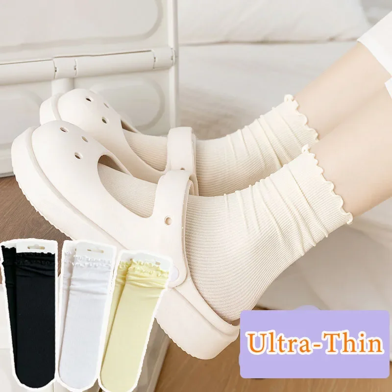 Women Ruffled Edge Bing Bing Socks Summer Ultra-thin Absorb Sweat Prevent Odor Soft Ice Velvet Harajuku Stretch Elasticity Socks