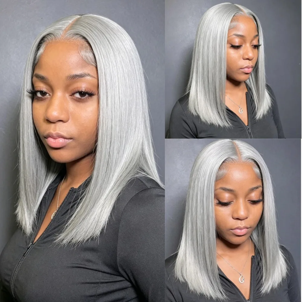 Silver Gray Lace Front Short Straight Bob Wig Grey Colored 13x6 Transparent Lace Front Human Hair Wigs 10 12 14 16 Inch For Black Women