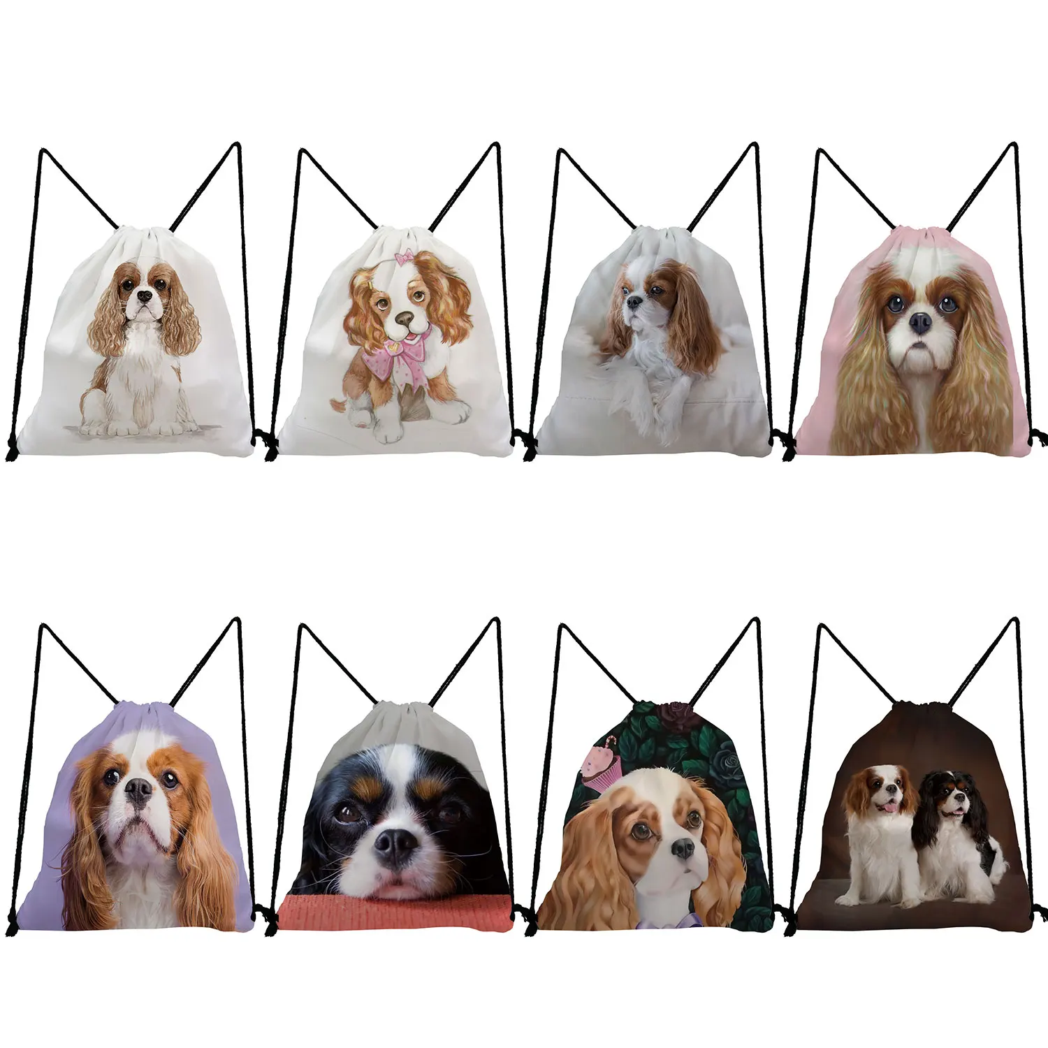 Sac à dos de peinture de dessin animé Charles Spaniel pour femmes, sacs à cordon de proximité de grande capacité, sacs d'école pliables pour filles, impression de chien animal mignon