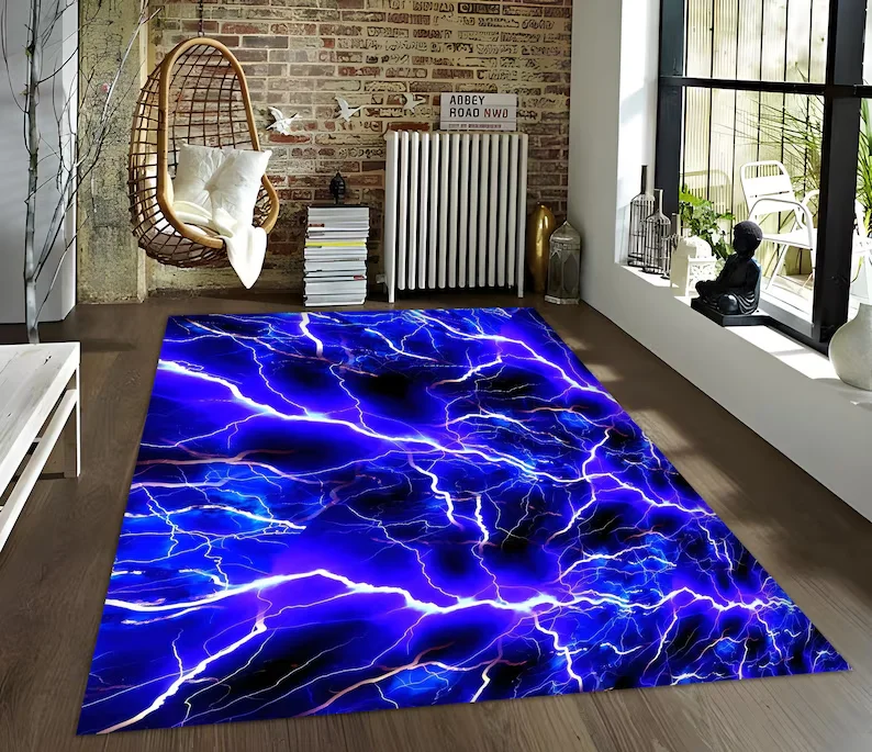 Neon Look Rug, Blue Fire Rug, Laser Light Rug, Lightning Light Rug, Game Room Decor, Gamer Rug,  Room Rug,Gift for Him