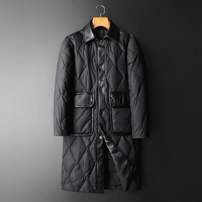 

European Station Fashion Brand Long Lapel Down Jacket 2025 Winter New Leather Patchwork High-end Men's Coat Jacket