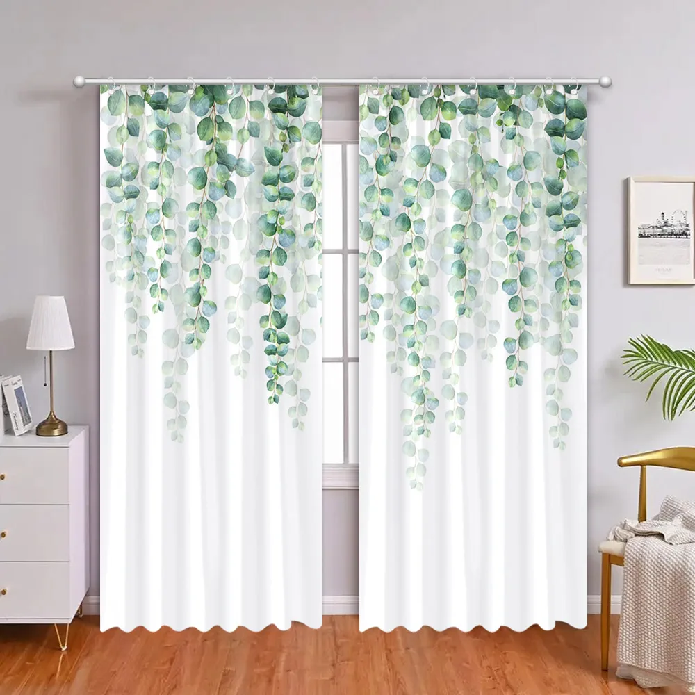 Watercolour Eucalyptus Leaves Green Plant Curtains Polyester Fabric Living Room Bedroom Curtains Bathroom Decor Shower Curtains