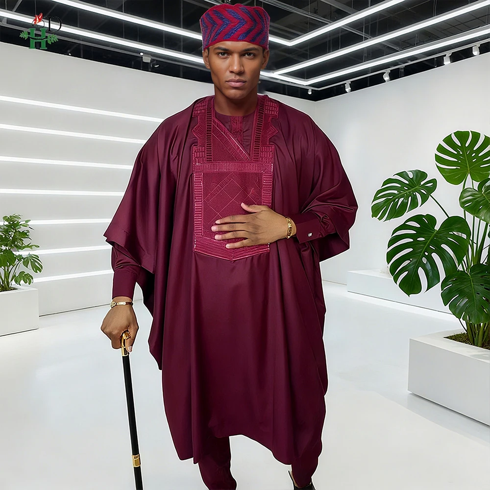 H & D-Conjunto tradicional africano de 3 uds para hombre, conjunto Thobe Borgoña Agbada, bata bordada de talla grande para bodas, festivales, ceremonias