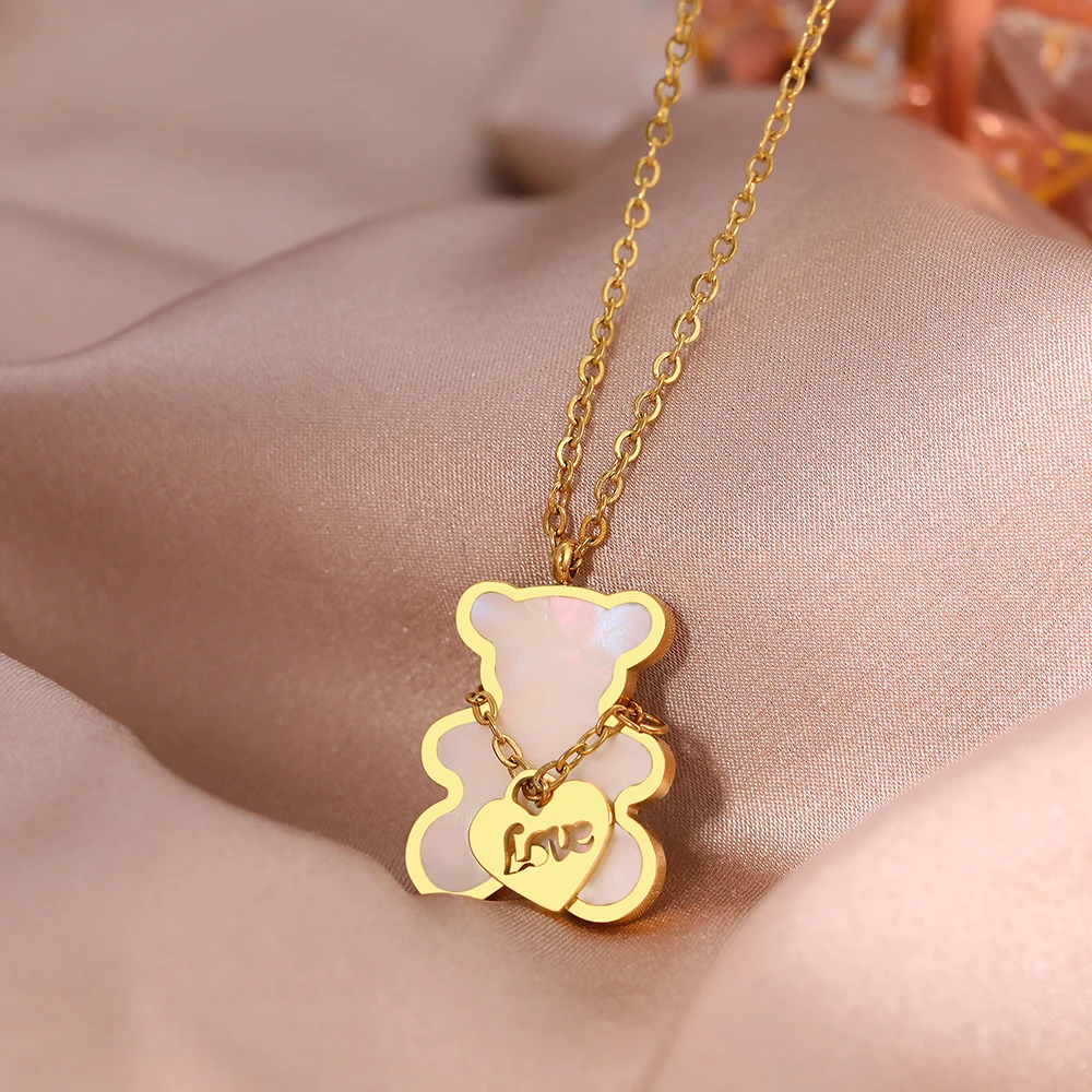 Stainless Steel Necklaces Lovely Cute Bear Shell Pendants Korean Fashion Choker Female Chain Necklace For Women Jewelry Girls