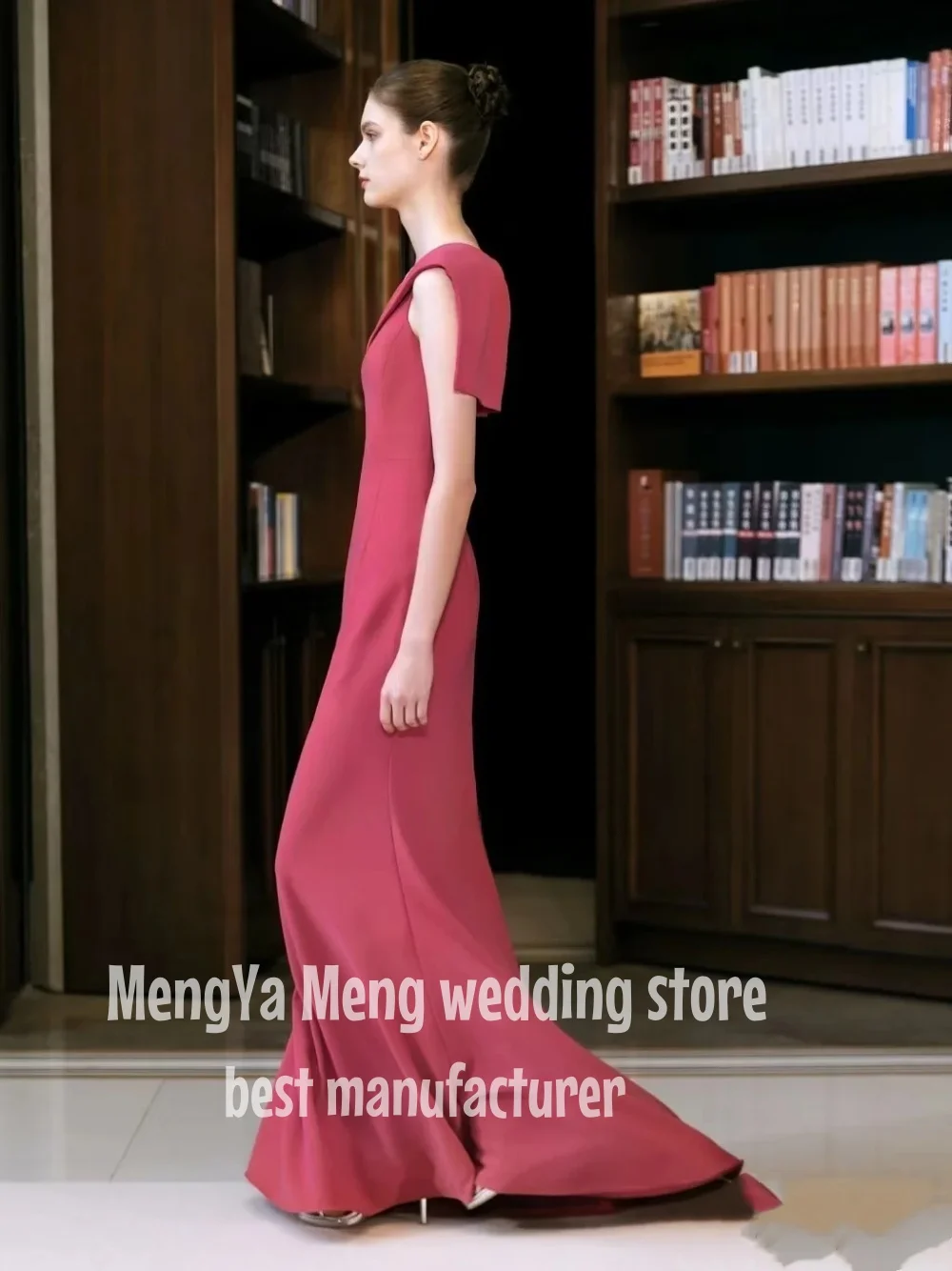 ZHUISHU Fashion Sexy Grand Deep V Neck Evening Gown Winged Shoulder Long Small Train Ball Gown Hot Pink Customized Formal Dress