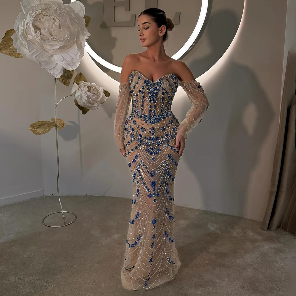 Serene Hill 2025 Customized Blue Saudi Arabic Evening Gown Strapless Long Sleeves Beaded Dress For Formal Occasion LA72858