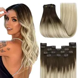 YoungSee Clip on Hair Extension Dark Brown Ombre Balayage Clip in Extensions Real Human Hair for Women 7Pcs