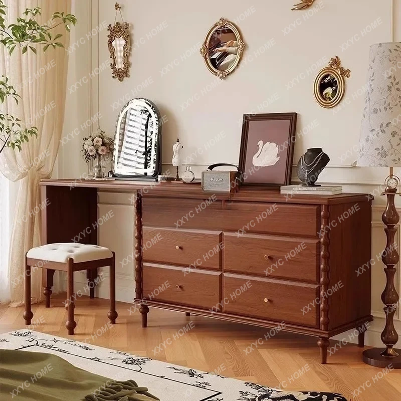 Lemari Kayu Solid Retro, Lemari Penyimpanan Ruang Tamu Meja Rias Dada Prancis Terintegrasi 7446