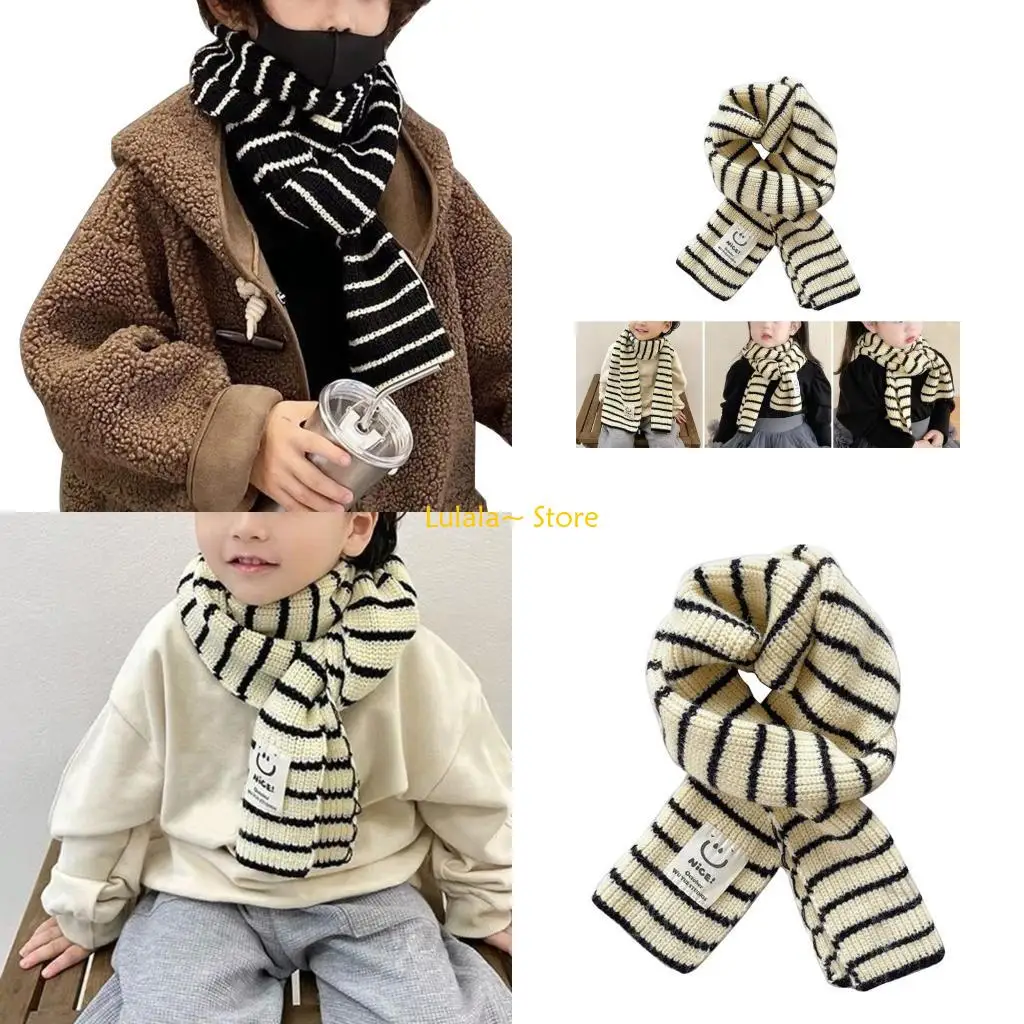 Y4QA Warm Knitted Neckerchief for Children Fashionable Winter Scarf with Stripe Pattern Multi functional Kids Scarf Stylish