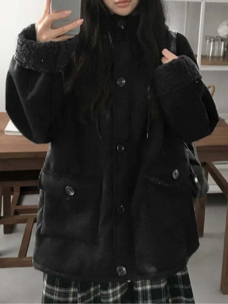 Abrigo de piel de ante Retro con capucha Dstring chaqueta de algodón versátil cálida para mujer primavera Otoño Invierno nueva llegada