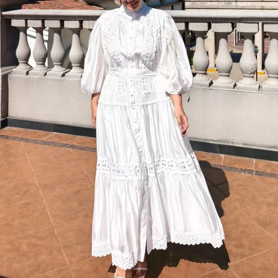 

Elegant Hollow Out Autumn Long Dress Shirt Women Muslims Lantern Sleeve Loose Big Size A Line Belt Palace Formal Evening Dresses