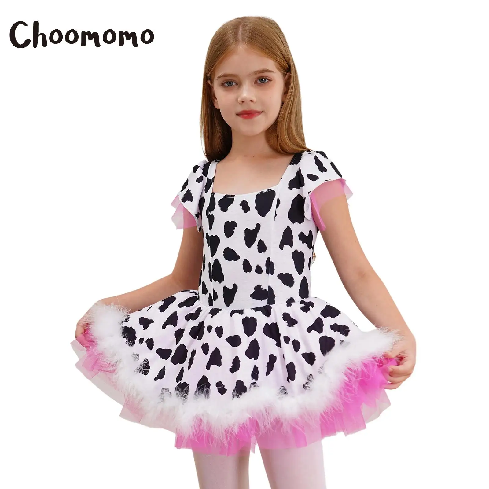 Kids Cowgirl Costume Girls Cow Prints Short Sleeve Plush Tutu Dress Leotard for Halloween Western Rodeo Dress Up Party Carnival