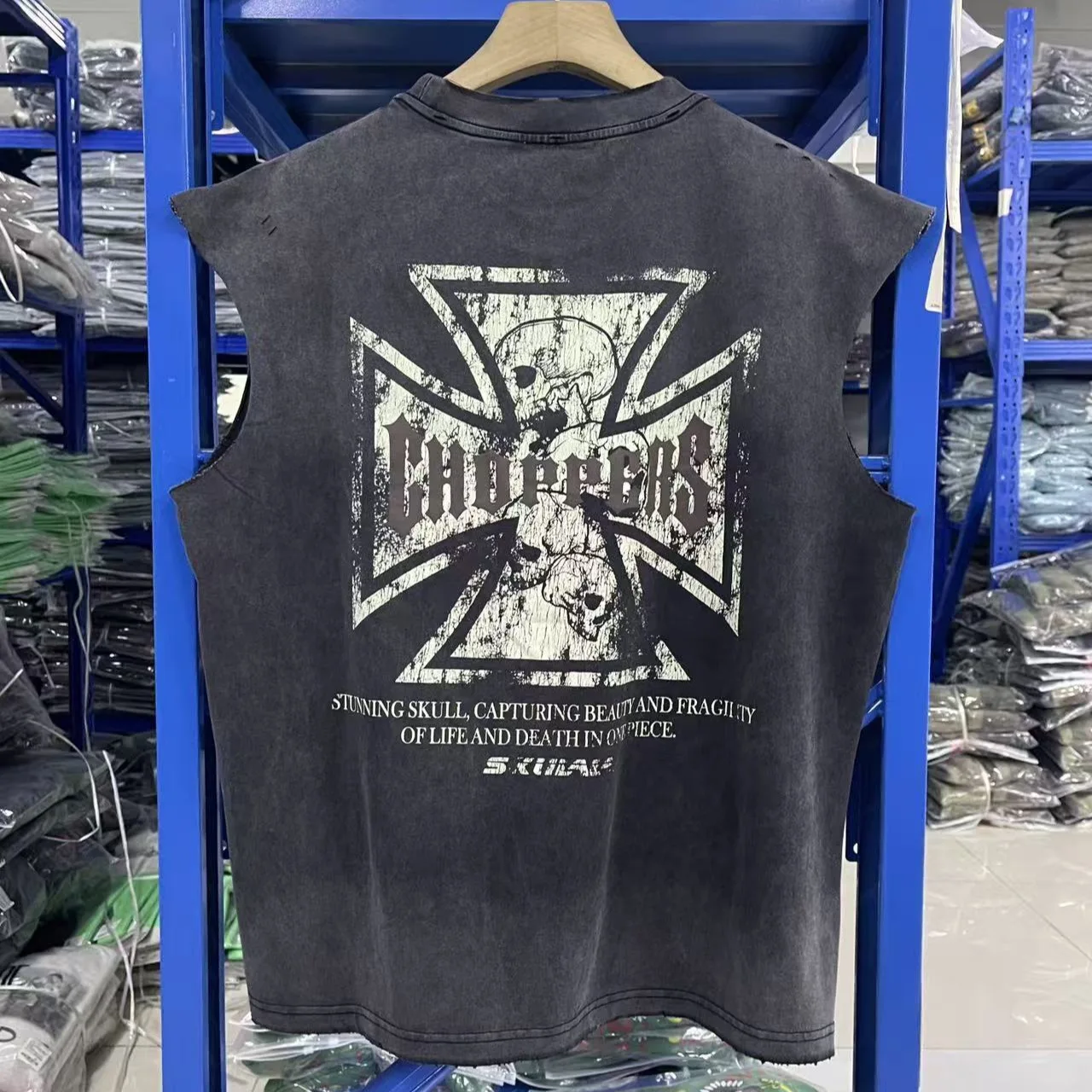 American streetwear West Coast Choppers skull cross-over West Coast washed and distressed T-shirt vest