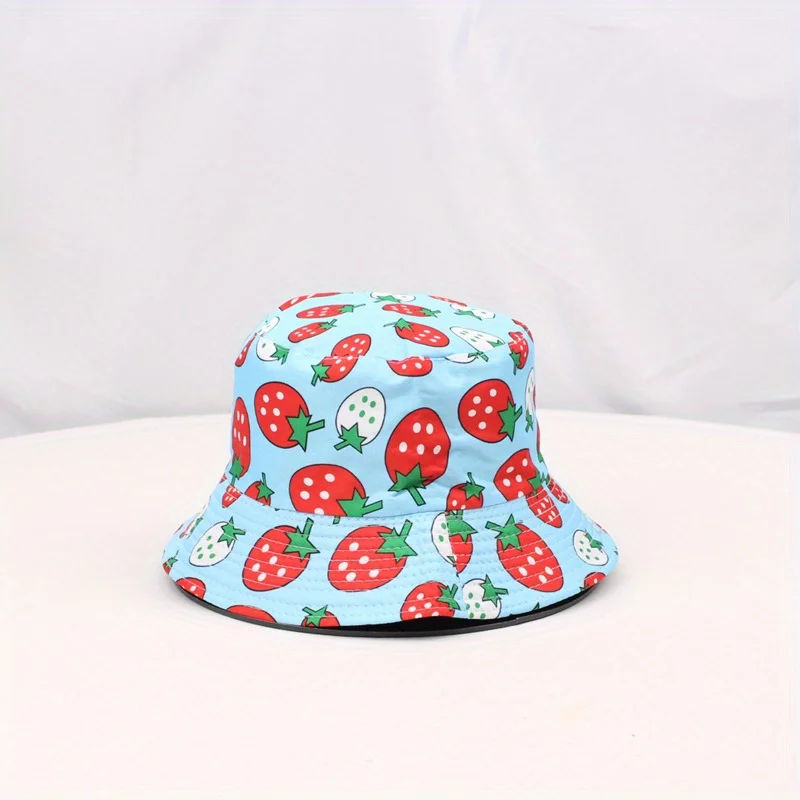 Cartoon Strawberry Print Sunshade Bucket Hats Fruit Big Brim Panama Foldable Outdoor Sports Cycling Travel Beach Fisherman Hat