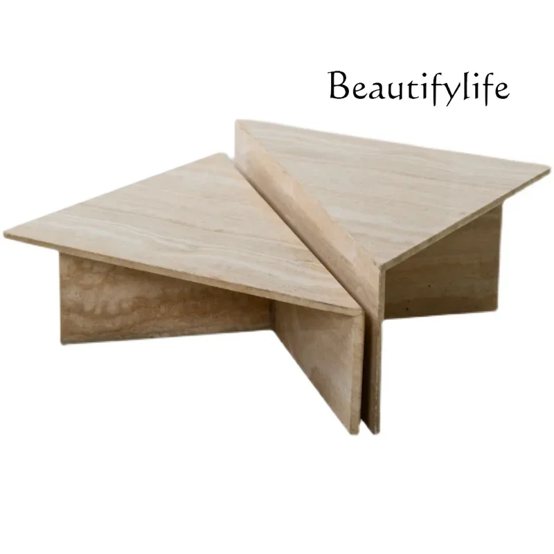 X Italian Light Luxury Natural Travertine Coffee Table Simple Modern Design Wabi Wind Marble Coffee Table High And Low Combinati