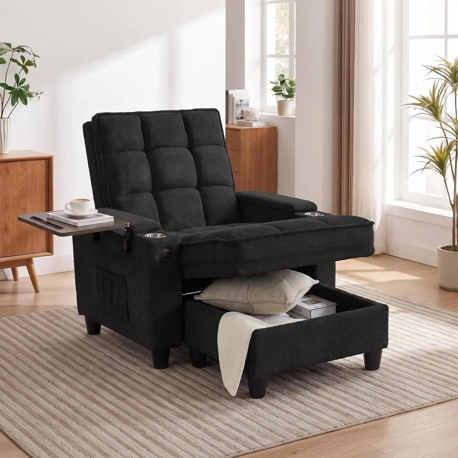 6-Position Adjustable Convertible Chaise Lounge Sleeper Chair with Storage, Modern Recliner Armchair with Swivel Tray Table & US