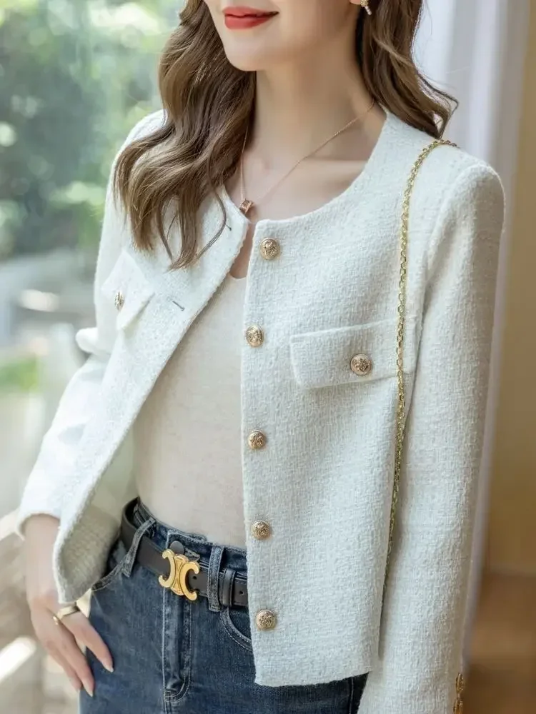 Woll-Tweed-Mantel Mode Hochwertig Goldknöpfe Kurz Schlank Elegant Frühling und Herbst Koreanische Mäntel Damenjacke